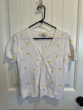 LOFT White Lemon Motif Button Cardigan M
